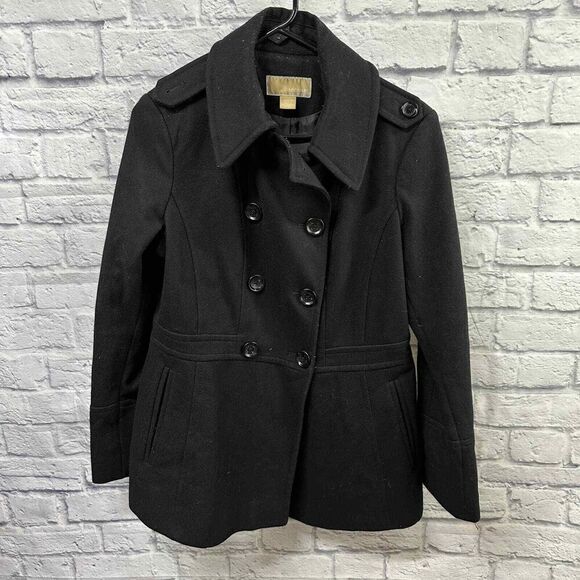 Michael Kors Pea‎ Coat Womens Medium Black Wool Long - Picture 1 of 9